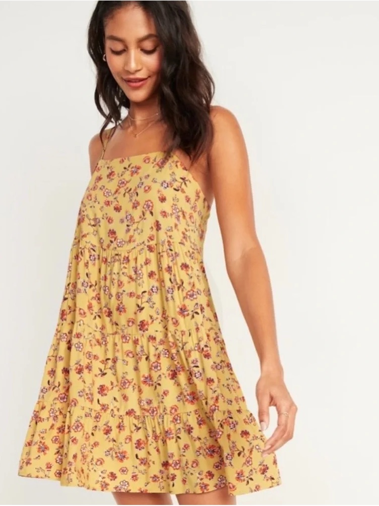 Old Navy Xxl Yellow Floral Tiered Swing Dress Rayon Pockets Boho Cottagecore